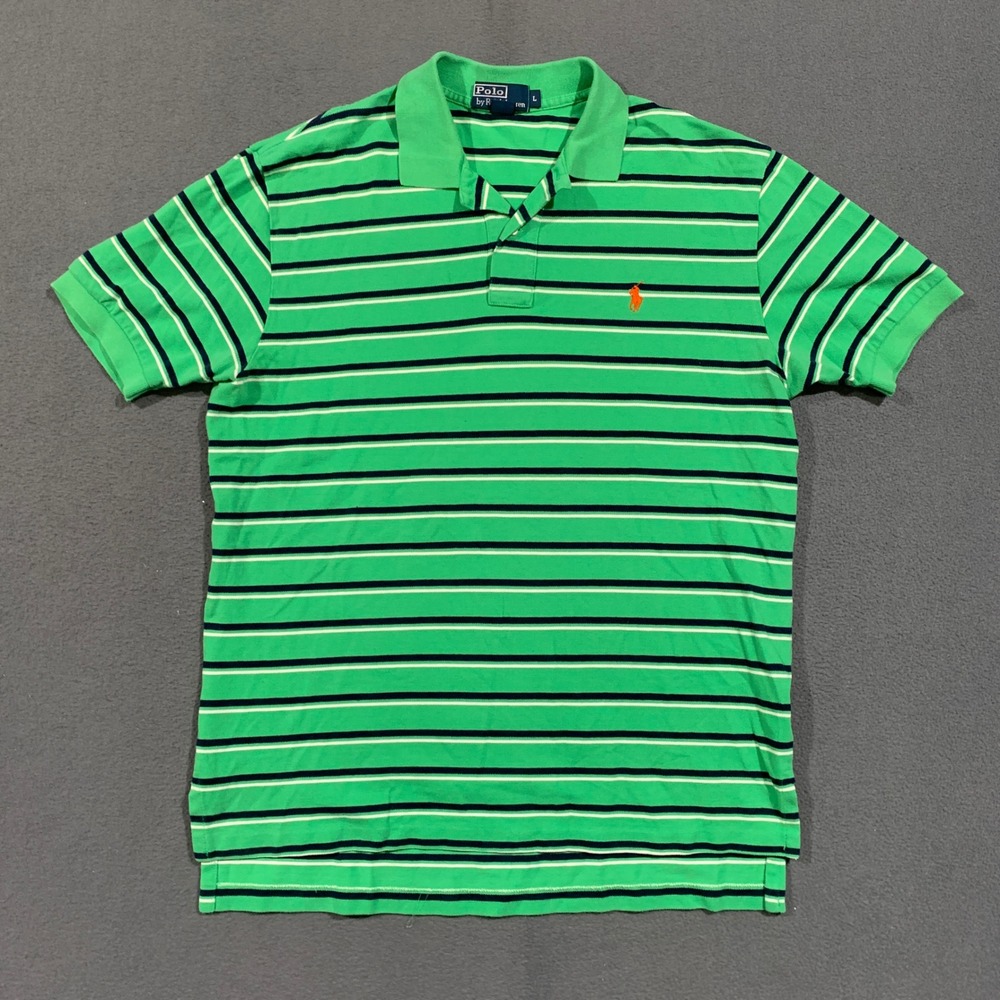 Polo Ralph Lauren Polo Shirt Mens L 90s Green Striped Short Sleeve Cotton Pique